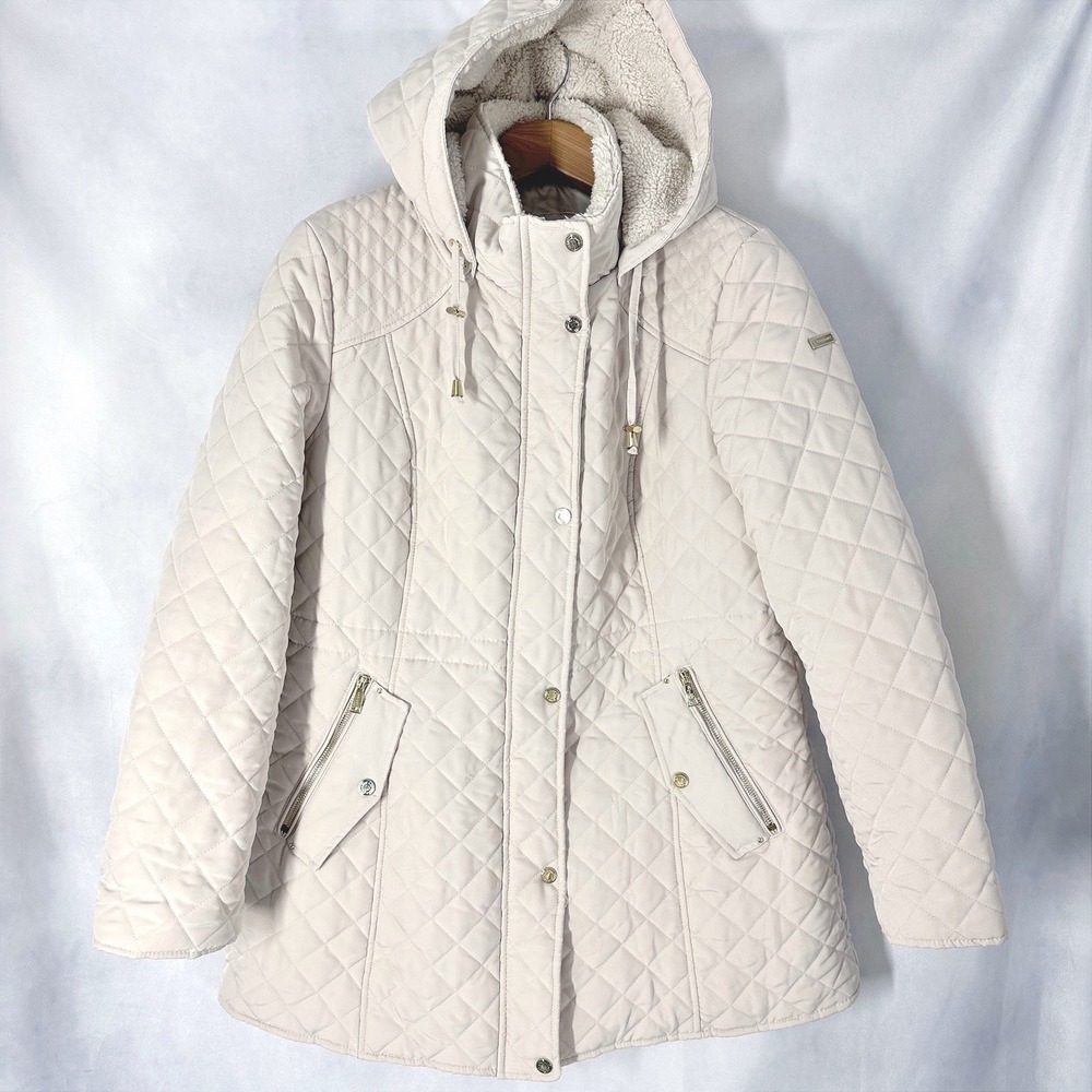 Laundry by Shelli Segal Cream Quilted Hooded Mid-Length Jacket Women's Size XL